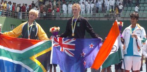 Finbar Tearney from Newzeland won the Gold, Hendrik Coertzen from South Africa won Silver and Yuki Bhambri from India won Bronze medal in Tennis event at the 3rd Commonwealth Youth Games-2008, in Pune on October 18, 2008.