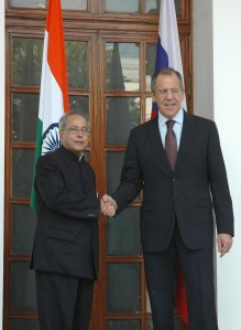 The Union Minister of External Affairs, Shri Pranab Mukherjee meeting with the Russian Foreign Minister, Mr. Sergei Lavrov, in New Delhi on October 20, 2008.
