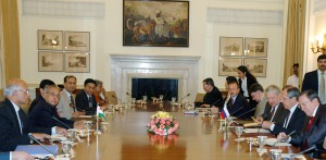 The Union Minister of External Affairs, Shri Pranab Mukherjee with the Russian Foreign Minister, Mr. Sergei Lavrov at delegation level talks, in New Delhi on October 20, 2008.