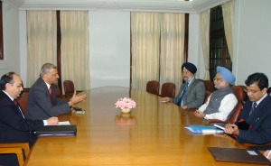 The Secretary General, Commonwealth, Mr. Kamalesh Sharma calling on the Prime Minister, Dr. Manmohan Singh, in New Delhi on October 20, 2008.